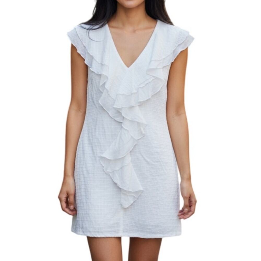 Tocca Women's 4 White Sleeveless Ruffled Front V-Neck Short Formal Dress